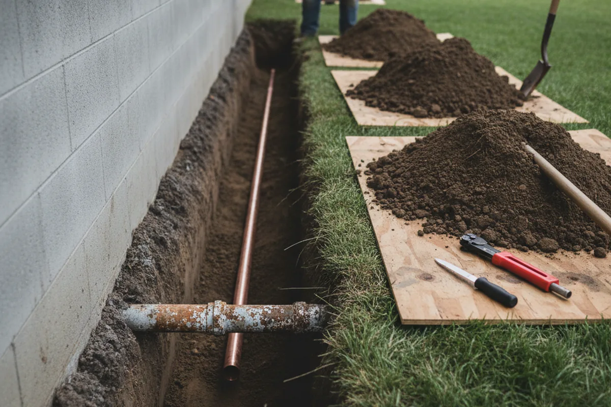 Excavated water line trench during Water Softener Installation in Big Bend National Park